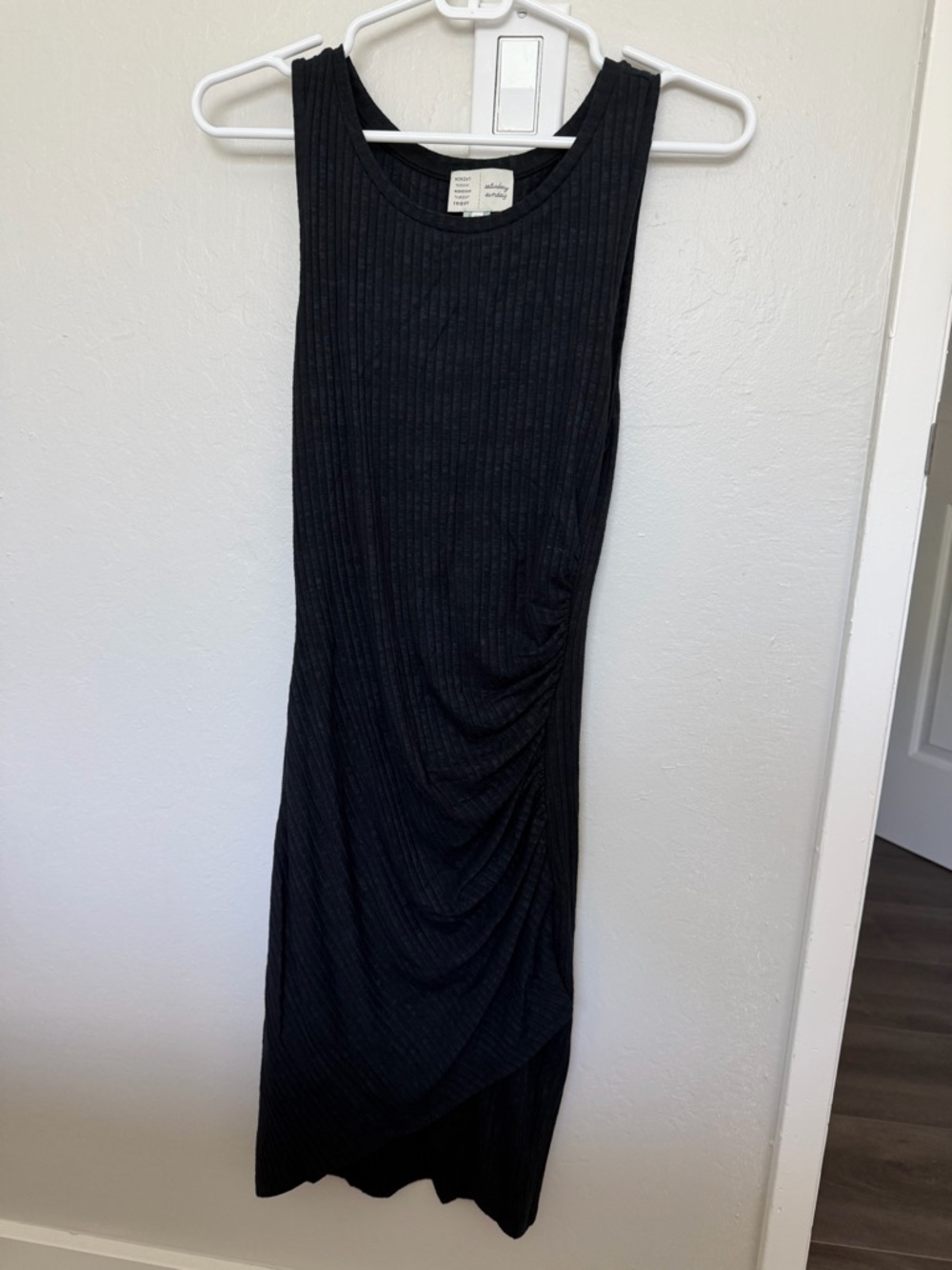 Anthropologie Sleeveless Ribbed Black tank Dress with Side Drape